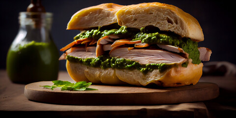 A porchetta sandwich with roasted pork and salsa verde generated by AI - obrazy, fototapety, plakaty