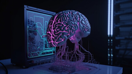 Digital brain connected to data center. Artificial intelligence concept. Based on Generative AI