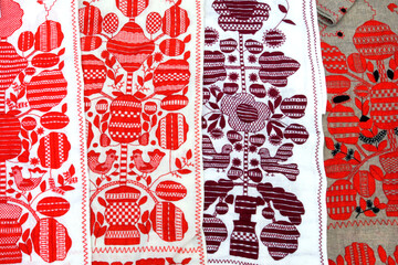 Traditional Ukrainian embroidery on towels (ryshnyks) in Pirogovo country fair, Kiev - 581782790