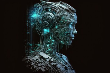 Portrait of futuristic innovative technology system ai cyber robot is using a futuristic interface with augmented reality holograms isolated on a black background. Generative AI