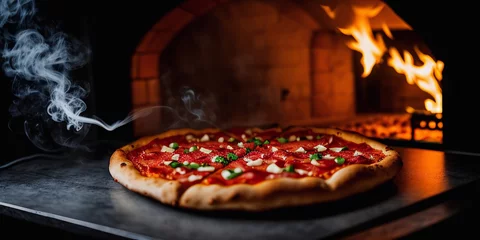 Foto op Plexiglas In the background, we can see flames and smoke, adding a touch of drama to the image. In the foreground, we see a delicious-looking pizza with melted cheese and toppings Generative AI © summit fever