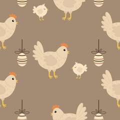 Pattern with chicken and chick. Easter vector pattern. Cute easter background with chicken, chick, painted egg.