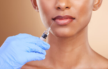 Lip filler, beauty or lips of Indian woman with injection for plastic surgery, cosmetics or botox...