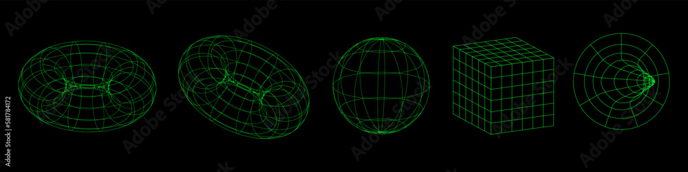 Poster Modern linear geometric shapes in 3D projection. 3D Wireframe graphics on an isolated background. Vector Trendy Icons EPS 10
