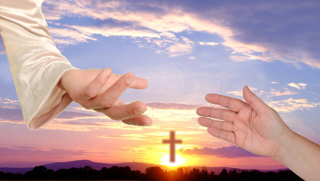 biblical scene, close-up of Jesus Christ Hand against sunset in evening beautiful dramatic sky ask for follow or following offer, offering, Holy Scriptures Old and New Testaments, Christian religion