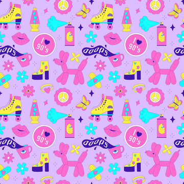 Seamless pattern with y2k style elements. Acidic vivid neon colors. Bright youth pattern with 90 s characters. Roller skates, lava lamp, high platform shoes, inflatable dog. Vector illustration on