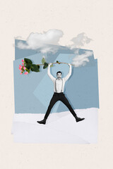 Artwork magazine collage picture of funny funky excited guy rising flowers jumping having fun...