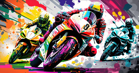 Motorbike racing in motion, motorcycle racer on the road colorful illustration