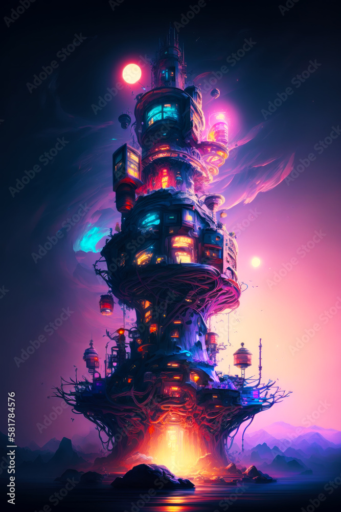 Wall mural Tall tower with lots of lights in the middle of purple and blue sky. Generative AI.