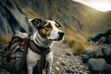 Brown and white dog standing on top of rocky hill next to backpack. Generative AI.