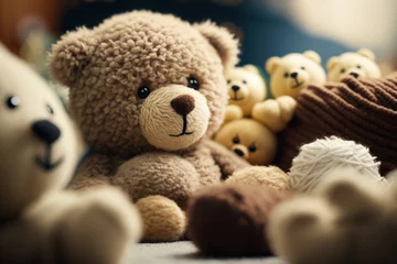 Fotobehang Brown teddy bear sitting next to group of other teddy bears in pile. Generative AI. © valentyn640