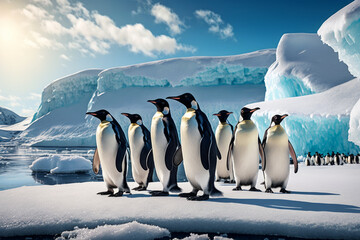 Group of penguins standing next to each other on ice floet with iceberg in the background. Generative AI.