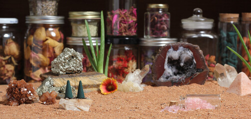 Chakra Stones With Aloe Vera and Incense Cones on Australian Red Sand
