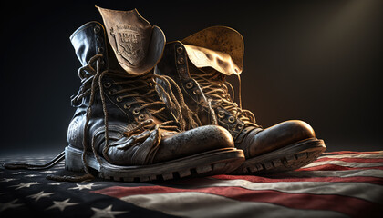 Old army combat boots stand against the background of the American flag created with generative AI technology