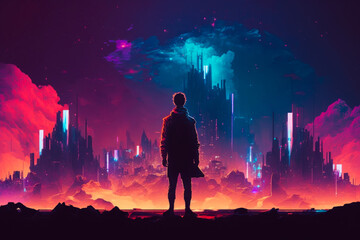 Man standing in front of purple and blue sky with city in the background. Generative AI.