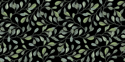 Watercolor green floral seamless pattern abstract round leaves. Hand painted pattern with branches and leaves isolated on black background. For design or background