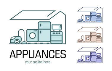 Modern minimalist home appliance store logo. Refrigerator stove and washing machine icon.