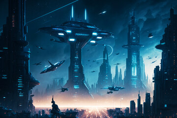 Futuristic city at night with lot of spaceships in the sky above the city. Generative AI.