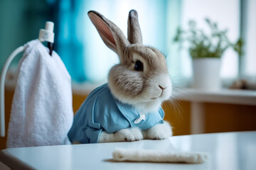 Fototapeta na wymiar Rabbit dressed in blue shirt sitting on table next to white towel. Generative AI.