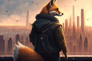 Image of fox with man in leather jacket in front of city. Generative AI.