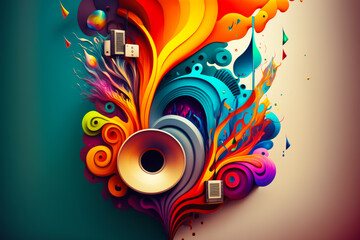 Colorful abstract background with speaker and lot of different colored shapes on it. Generative AI.