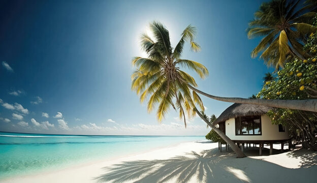 bungalow on the shore. Amazing paradise islands of Maldives. Generative AI
