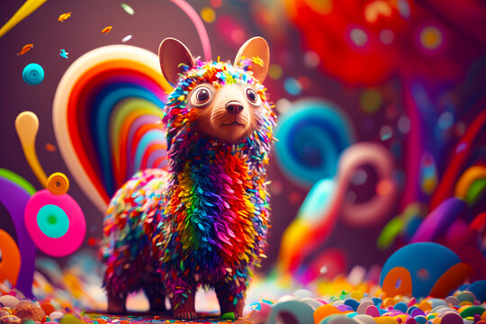Brightly colored llama standing in front of colorful background with bubbles and confetti. Generative AI.