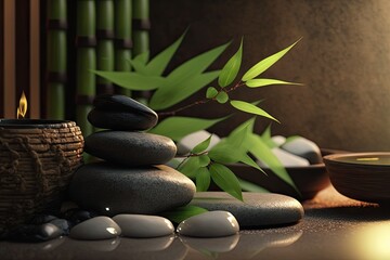 Relaxing spa scene with smooth stones, green bamboo plants, and soft lighting. Generative AI illustration.
