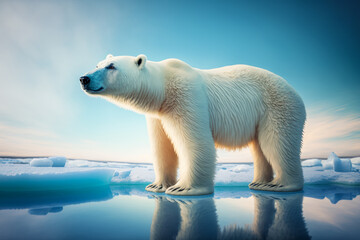 Large white polar bear standing on top of blue ice floet next to body of water. Generative AI.