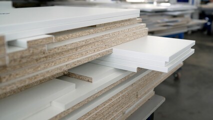 Samples of chipboard and MDF panels for furniture production. Samples of finishing material based...