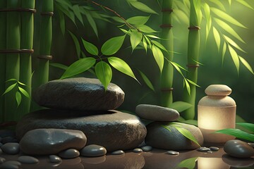 Fototapeta na wymiar Relaxing spa scene with smooth stones, green bamboo plants, and soft lighting. Generative AI illustration.