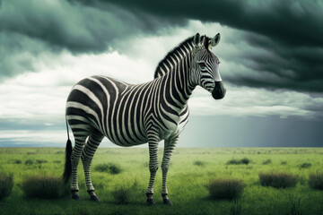 Fototapeta na wymiar Zebra standing in the middle of field under cloudy sky with dark clouds. Generative AI.