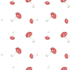 forest poisonous mushroom fly agaric in the grass. watercolor illustration. Seamless pattern