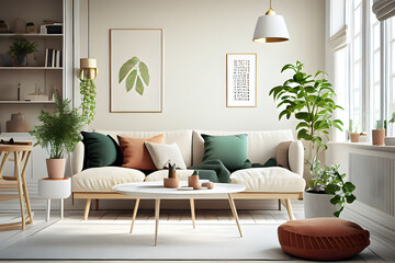 Living room interior with sofa, coffee table and plants. AI generative