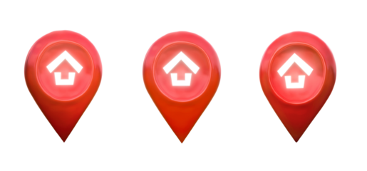 Collection, House symbol with red location pin icon on transparent background. real estate sale or property investment concept, Buying new home for family - 3d illustration. png file.