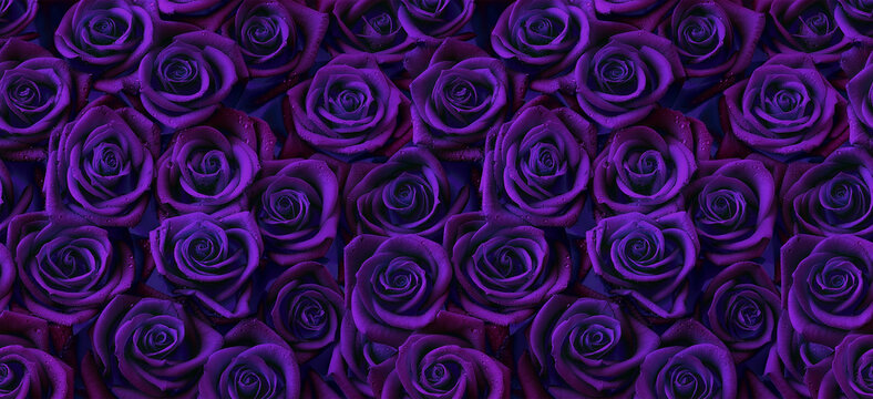 Roses in dark purple color, horizontal seamless pattern. Roses arrangement in purple and blue modern gothic style.