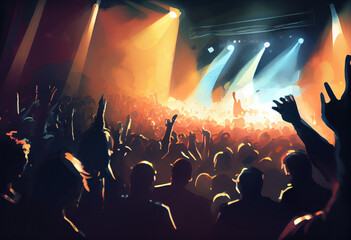Crowd raising their hands at music concert. Audience enjoying rock, dance, edm and club festival party. Cartoon painting illustration. Generative AI
