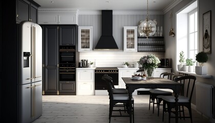 Scandinavian interior style luxury kitchen with dining table and fridge. Generative AI