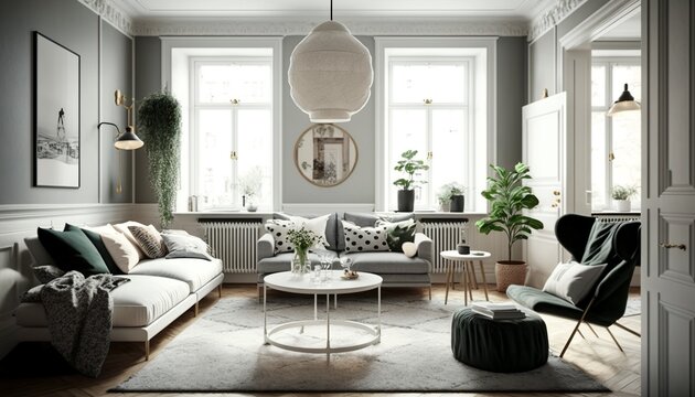 Bright scancinavian interior style luxury living room with couch and coffee table. Generative AI