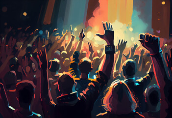 Crowd raising their hands at music concert. Audience enjoying rock, dance, edm and club festival party. Cartoon painting illustration. Generative AI