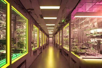 Fototapeta na wymiar futuristic interior design laboratory lab server room with neon light, generative art by A.I