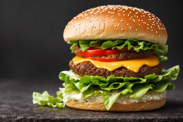 Hamburger Fresh tasty delicious grilled fast food Cheeseburger black background. Ai generated.