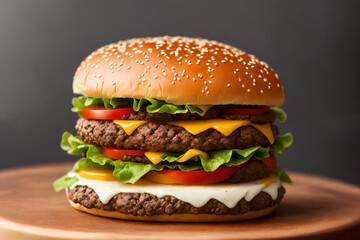 Double cheeseburger on wooden plate grey color background. Generative Ai