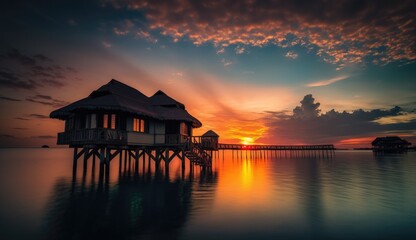 Fototapeta na wymiar Overwater bungalow at sunset. Amazing paradise islands of Maldives. Generative AI