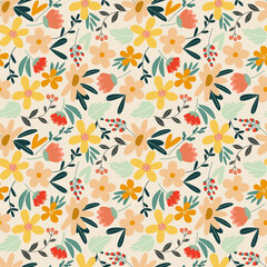 Seamless  pattern with multicolored flowers in flat style on a light background.