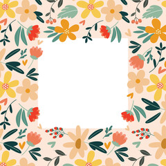 Fototapeta na wymiar Frame with multi-colored flowers in a flat style on a light background.
