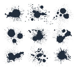Black paint drops. Ink splashes and spots, abstract ink splatters. Writing ink grunge drops silhouettes flat vector illustration collection