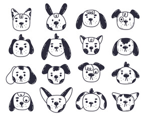 Pets faces. Cartoon cute cats and dogs muzzles, funny puppy avatars. Domestic animals portraits flat vector illustration set