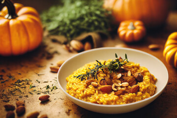 Tasty bowl of pumpkin risotto with nuts and herbs created with Generative AI technology