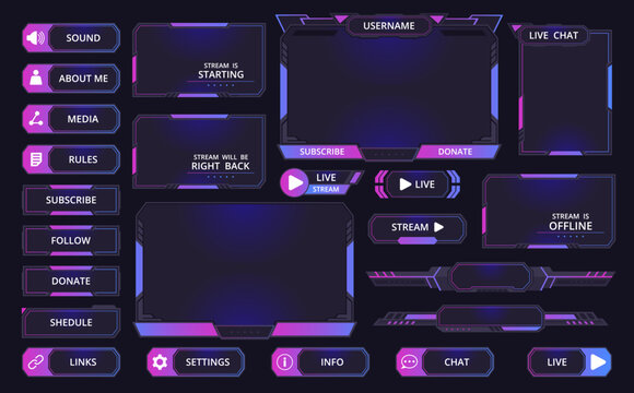 Game streaming interface elements. Gaming frames, bars and buttons, mmo game menu elements flat vector illustration set. Futuristic game stream dashboard icons